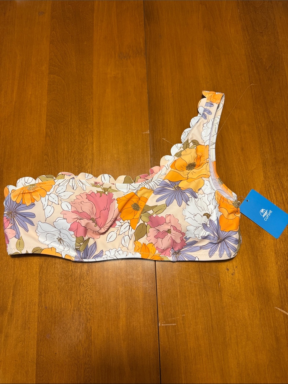 Cupshe Floral One-Shoulder Bikini Top in Orange, Pink, Purple, White